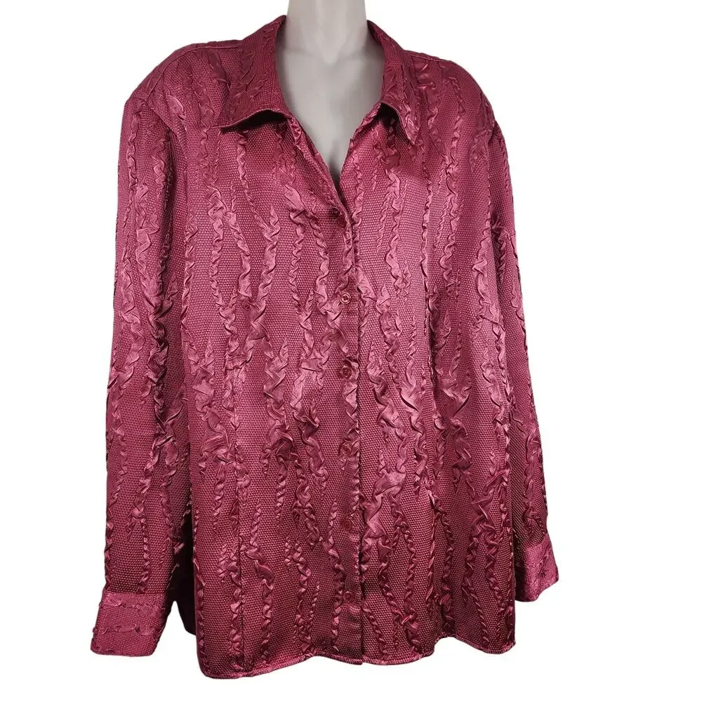 Maggie Barnes Womens Shirt Plus 2X Textured Satin Crinkle Button Front Feminine